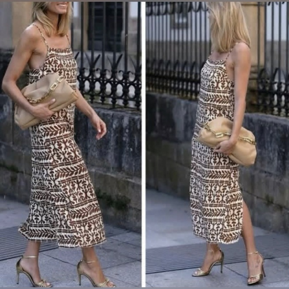 Like New Zara Ecru BohoNeutral Brown Cream Printed Midi Slip Dress Small